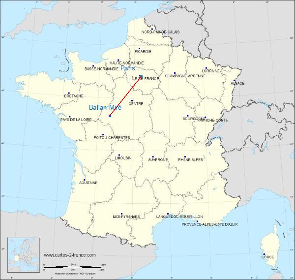 Distance Ballan-Miré Paris sur la carte de France