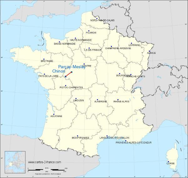 Distance Chinon Tours Val de Loire Airport sur la carte de France