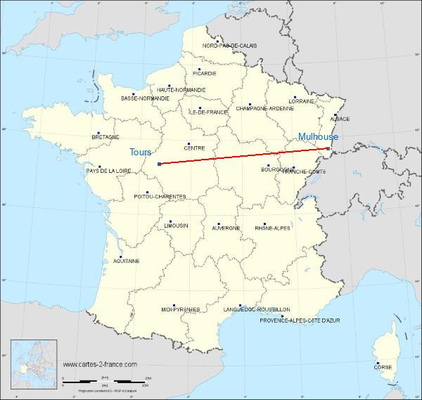 Distance Tours Mulhouse sur la carte de France