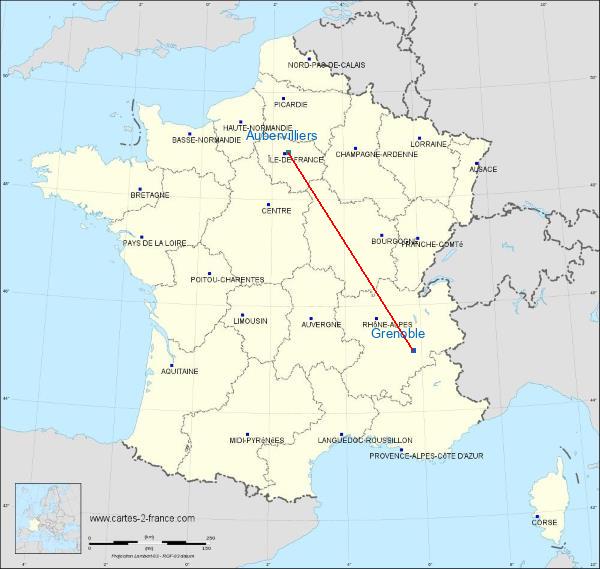 Distance Grenoble Aubervilliers sur la carte de France