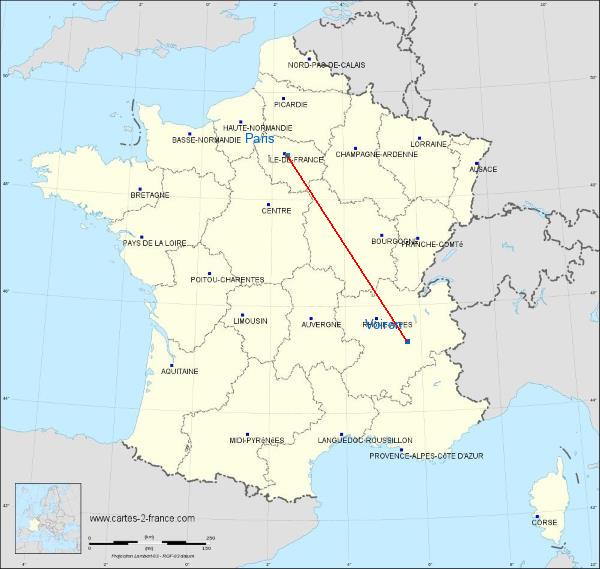 Distance Voiron Paris sur la carte de France
