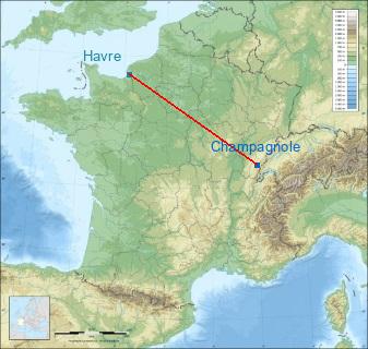 Distance entre de Champagnole et Le Havre sur la carte de France