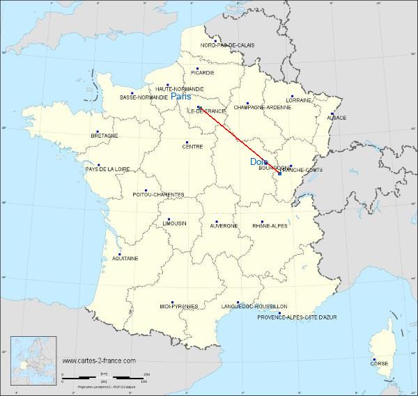 Distance Dole Paris sur la carte de France