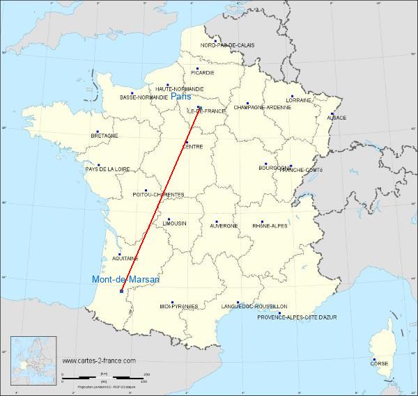 Distance Mont-de-Marsan Paris sur la carte de France