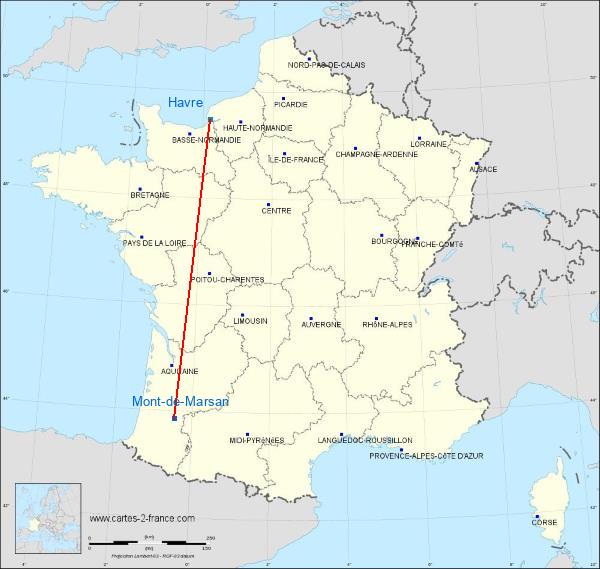 Distance Mont-de-Marsan Le Havre sur la carte de France