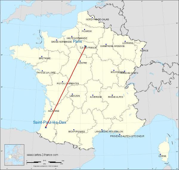 Distance Saint-Paul-lès-Dax Paris sur la carte de France