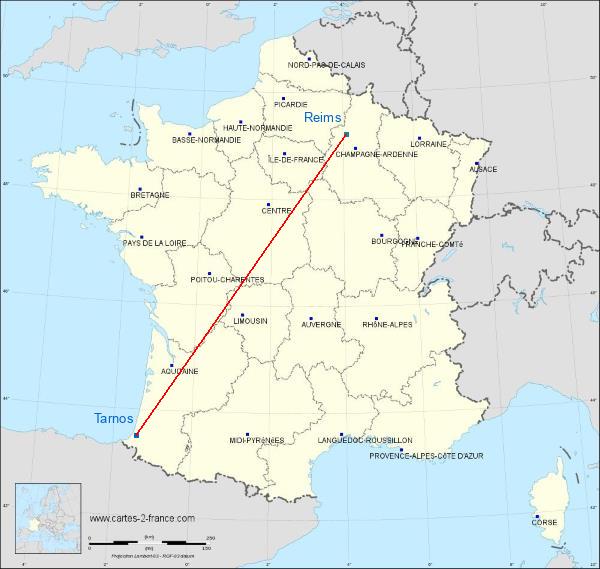 Distance Tarnos Reims sur la carte de France