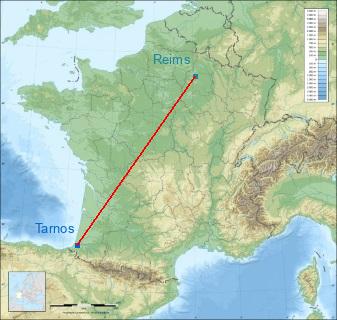 Distance entre de Tarnos et Reims sur la carte de France