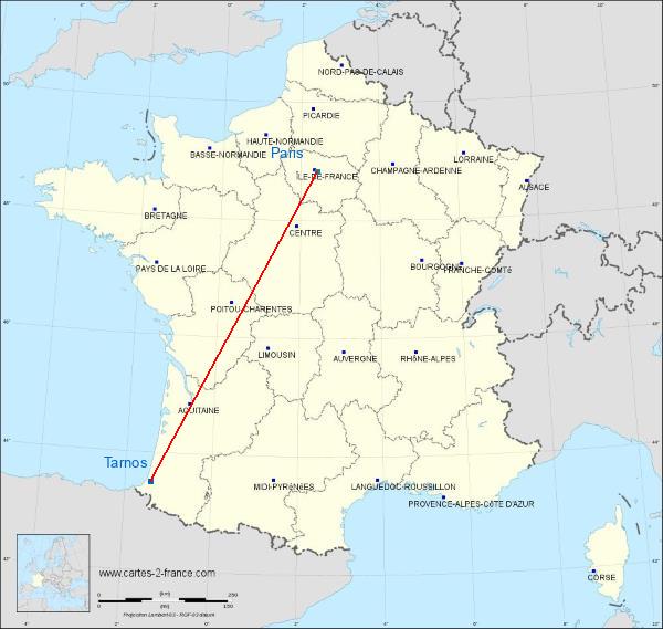 Distance Tarnos Paris sur la carte de France
