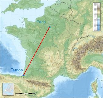 Distance entre de Tarnos et Paris sur la carte de France