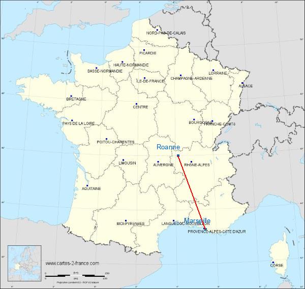 Distance Roanne Marseille sur la carte de France