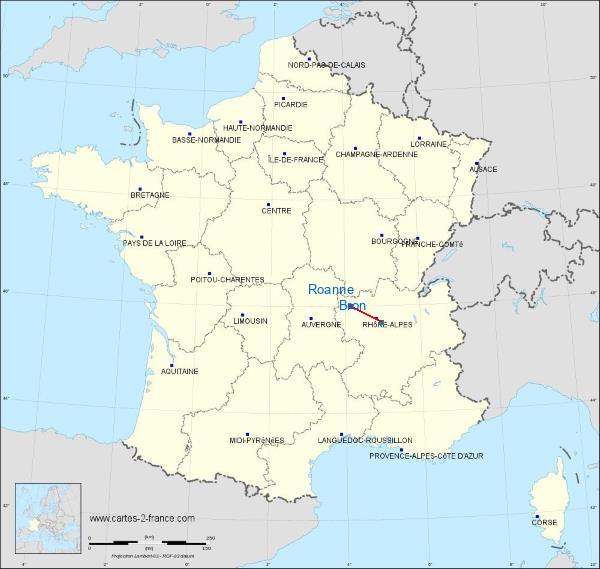 Distance Roanne Bron sur la carte de France