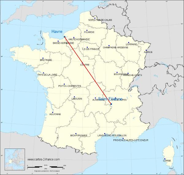 Distance Saint-Étienne Le Havre sur la carte de France