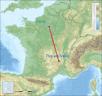 Distance entre de Le Puy-en-Velay et Paris sur la carte de France