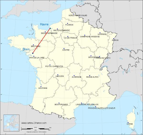 Distance Blain Le Havre sur la carte de France