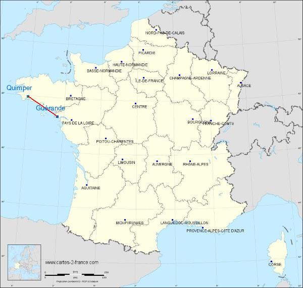 Distance Guérande Quimper sur la carte de France