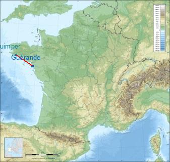Distance entre de Guérande et Quimper sur la carte de France