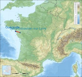 Distance entre de Guérande et Saint-Sébastien-sur-Loire sur la carte de France