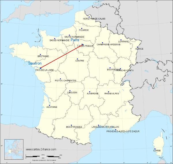 Distance Sautron Paris sur la carte de France