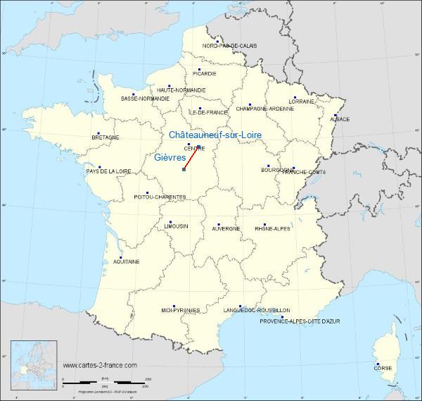 Distance Châteauneuf-sur-Loire Romorantin-Pruniers sur la carte de France