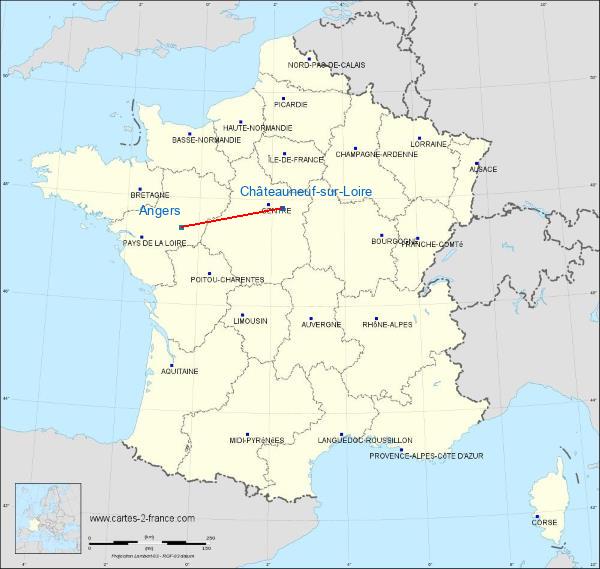 Distance Châteauneuf-sur-Loire Angers sur la carte de France