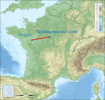Distance entre de Châteauneuf-sur-Loire et Angers sur la carte de France
