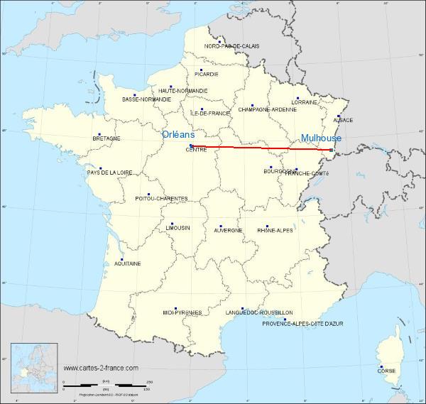 Distance Orléans Mulhouse sur la carte de France