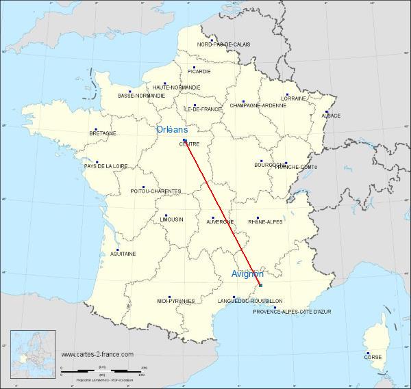 Distance Orléans Avignon sur la carte de France