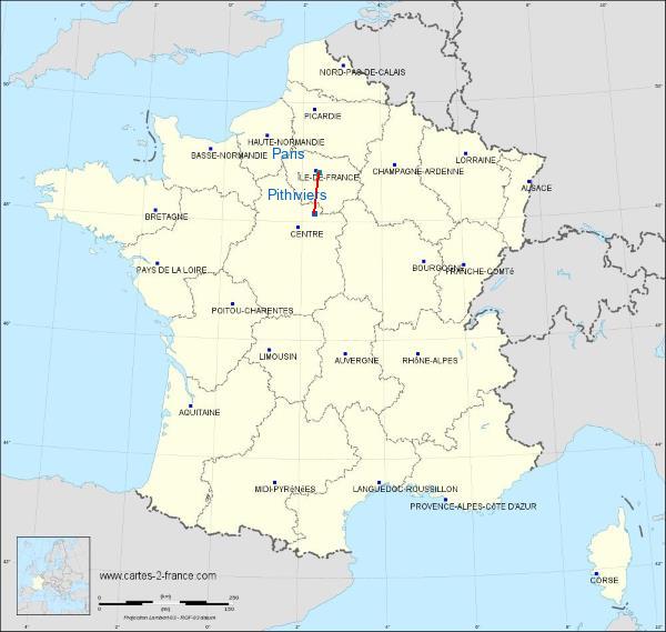 Distance Pithiviers Paris sur la carte de France