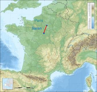 Distance entre de Saran et Paris sur la carte de France