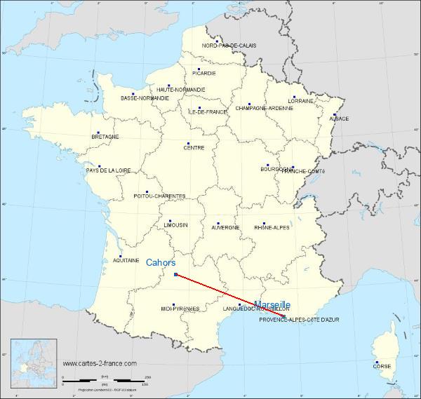 Distance Cahors Marseille sur la carte de France