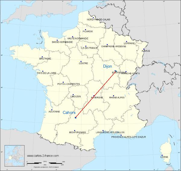 Distance Cahors Dijon sur la carte de France