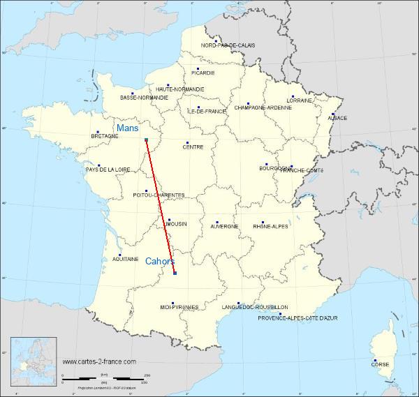 Distance Cahors Le Mans sur la carte de France