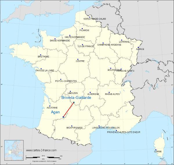 Distance Agen Brive-la-Gaillarde sur la carte de France