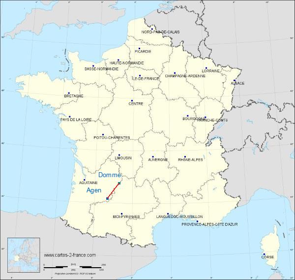 Distance Agen Sarlat-Domme sur la carte de France