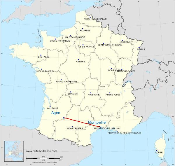 Distance Agen Montpellier sur la carte de France