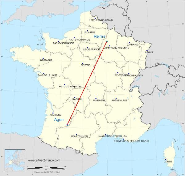 Distance Agen Reims sur la carte de France
