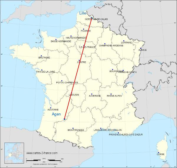 Distance Agen Lille sur la carte de France