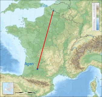 Distance entre de Agen et Lille sur la carte de France
