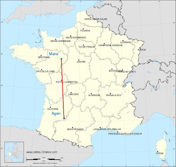 Distance Agen Le Mans sur la carte de France