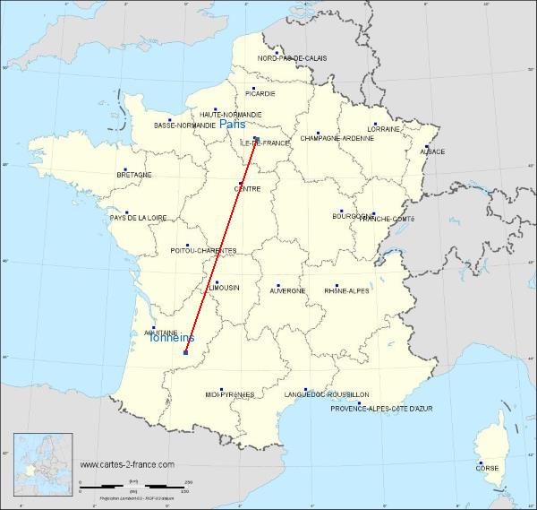 Distance Tonneins Paris sur la carte de France