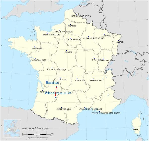 Distance Villeneuve-sur-Lot Périgueux - Bassillac Airport sur la carte de France