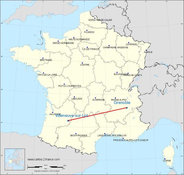 Distance Villeneuve-sur-Lot Grenoble sur la carte de France
