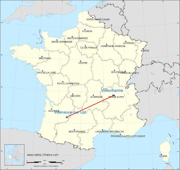Distance Villeneuve-sur-Lot Villeurbanne sur la carte de France