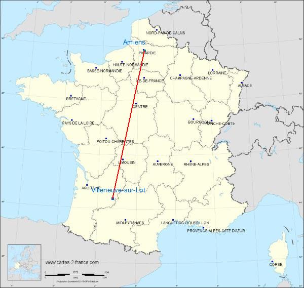 Distance Villeneuve-sur-Lot Amiens sur la carte de France