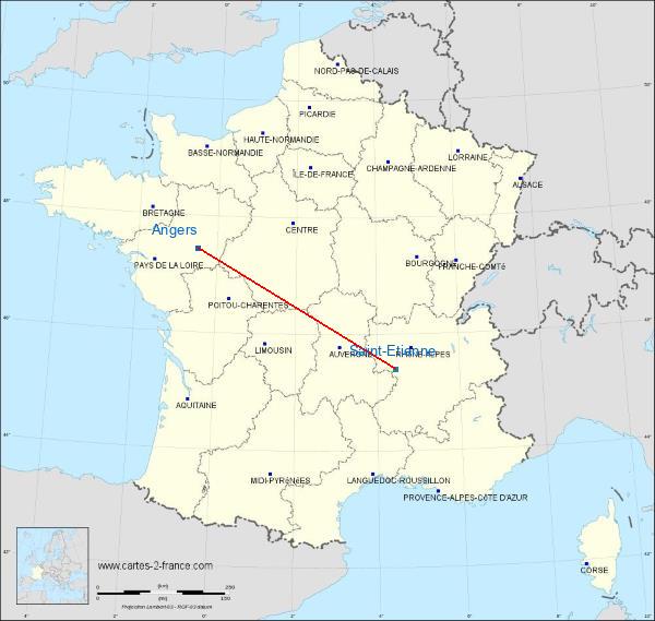 Distance Angers Saint-Étienne sur la carte de France