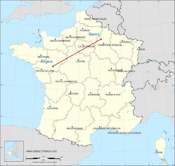 Distance Galerie David d'Angers Reims sur la carte de France