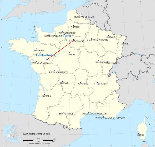 Distance Les Ponts-de-Cé Paris sur la carte de France