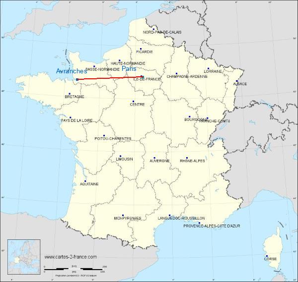 Distance Avranches Paris sur la carte de France