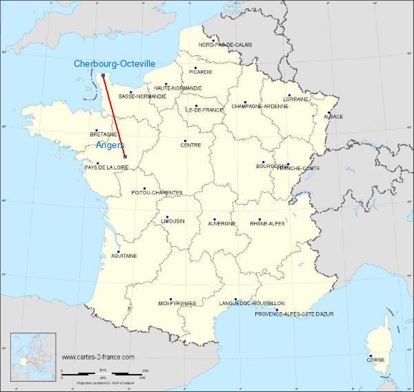 Distance Cherbourg-Octeville Angers sur la carte de France